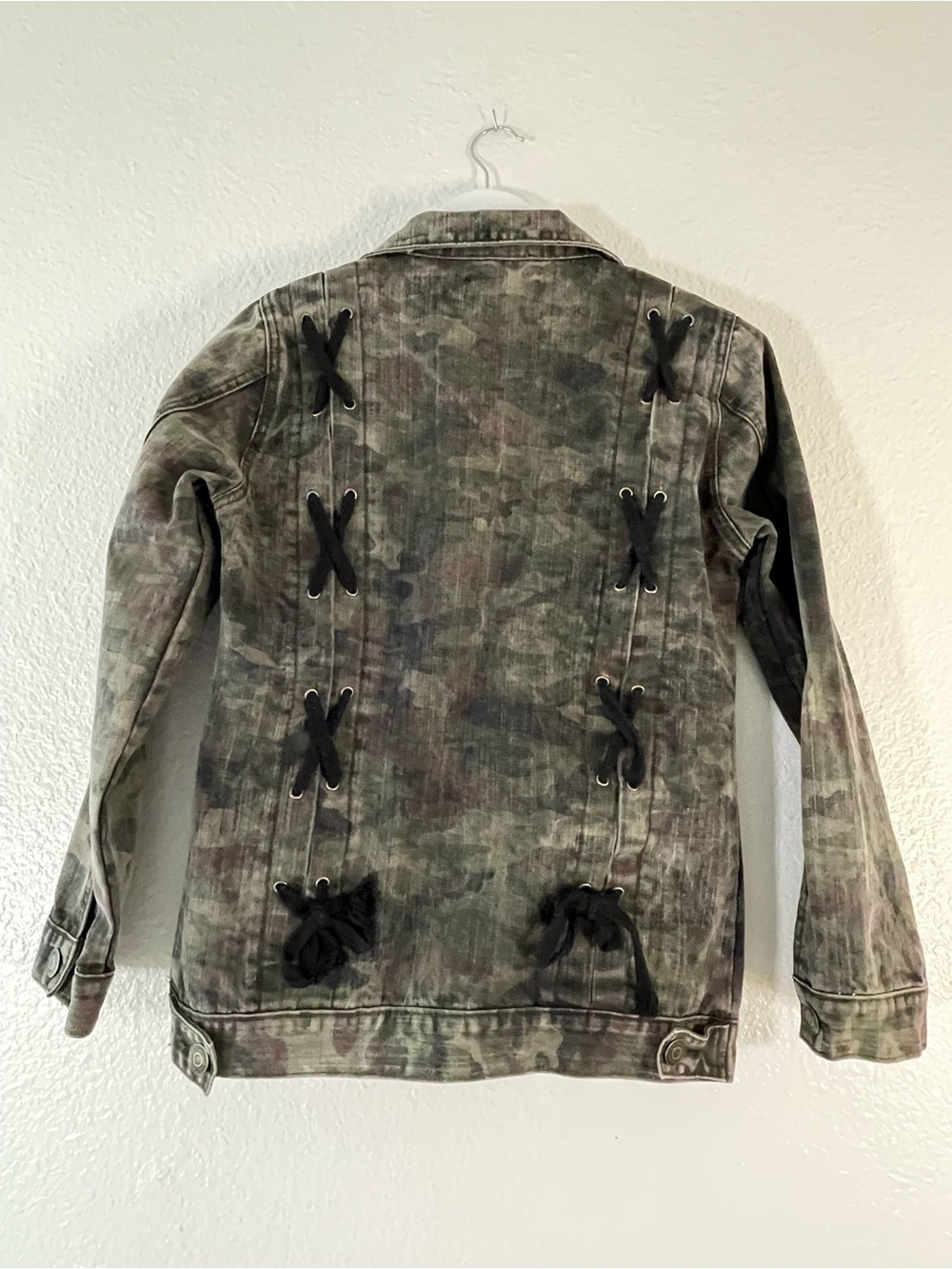 Thrill Green Camouflage Denim Jacket with Back Lacing Detail